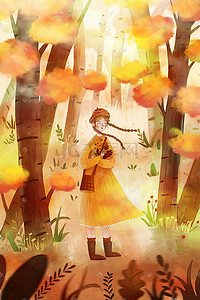 黄色枫叶的插画图片_立秋枫叶林里的女孩