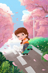 樱花飘花瓣插画图片_樱花树下滑滑板的小女孩