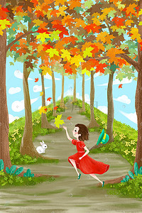 立秋插画图片_立秋枫树林中的小女孩插画