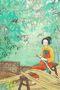 编织插画图片_古风主题之古代女子编织簸箕场景