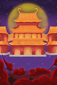 古风城楼插画图片_紫色系中国风古风古建筑星空月亮祥云