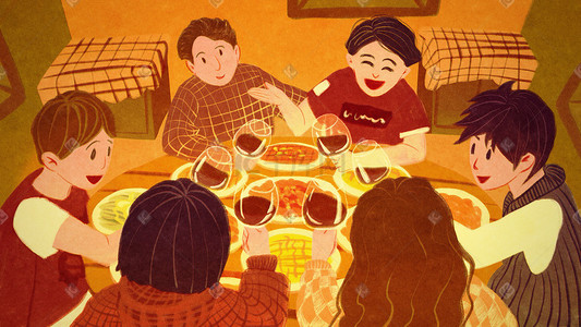 家人图插画图片_聚餐派对团圆团聚美食场景图