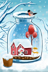 暖冬小雪插画图片_大寒小寒冬季房屋雪人温馨雪景
