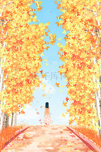 秋天枫叶漫步树林女孩