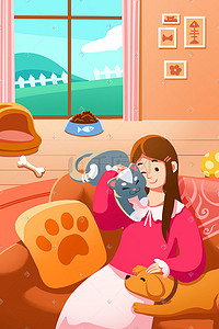 居家温馨插画图片_宠物生活女孩与猫狗萌宠居家温馨