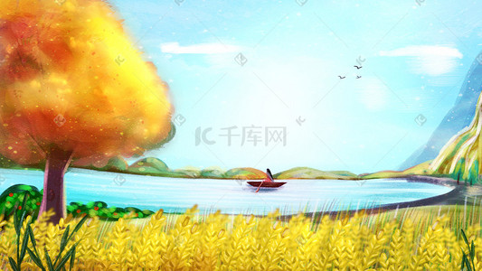 稻谷小麦插画图片_手绘秋天小麦游湖背景图