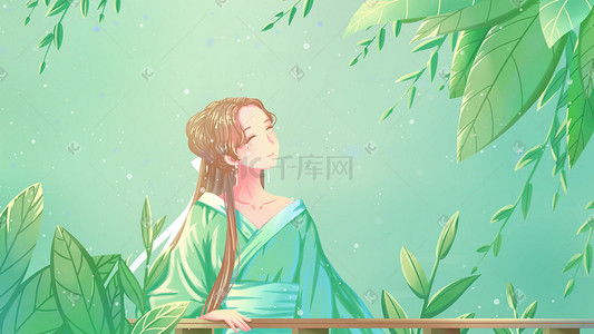 紧握扶手插画图片_绿色唯美卡通夏季大暑小暑24节气美景配图