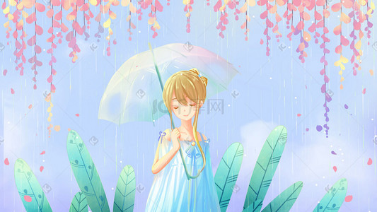 不打伞淋雨的插画图片_蓝色唯美卡通小清新治愈春雨打伞少女配图