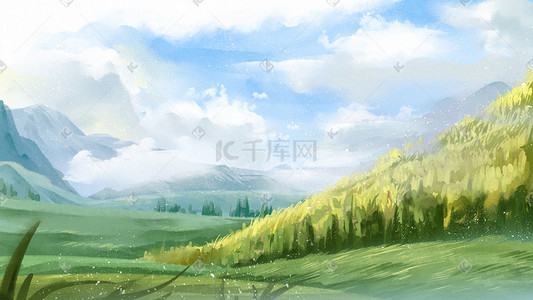 水彩山峦插画图片_水彩风格绿色清新草原天空