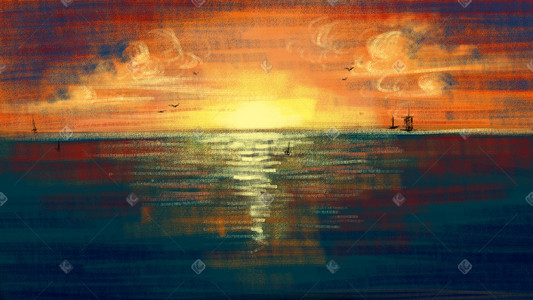 海盗船在海上插画图片_油画风海上日出手绘插图