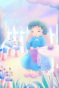 社会福利图标插画图片_梦幻祥和老奶奶花园织毛衣插画
