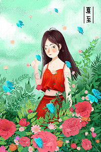 玫瑰花女孩插画图片_夏至绿色治愈系女孩