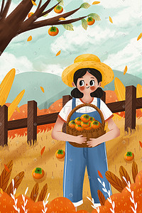 秋天丰收季节女孩摘柿子