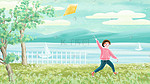 春天春分湖边草地放风筝的少年背景