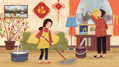 新年春节过小年主题之家中大扫除做卫生
