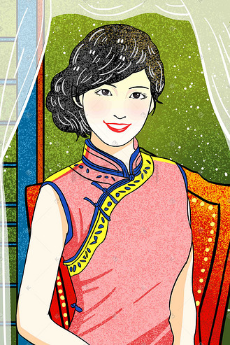 民国风韵青春唯美少女清新手绘风格插画