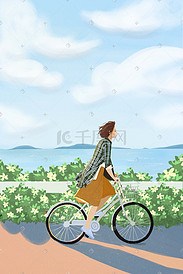 夏天小清新海边少女骑单车立夏风景