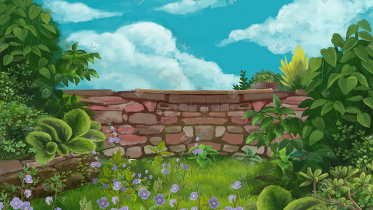 花朵草丛插画图片_绿色治愈系庭院草丛树木花朵蓝天背景