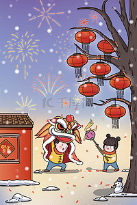 喜庆灯笼烟花插画图片_新年舞龙喜庆吉祥烟花灯笼下雪场景