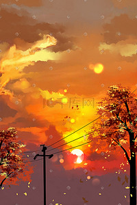 金色龙壁纸插画图片_金色秋天落叶落日黄昏风景