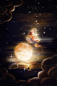 星星璀璨插画图片_璀璨发光球与蝴蝶