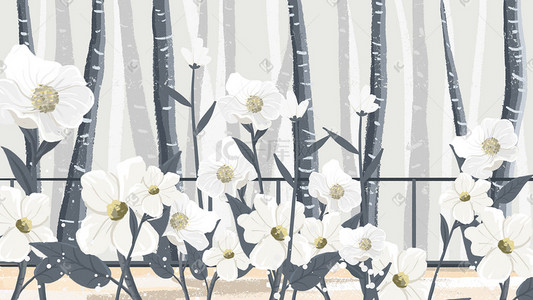 冷淡系插画图片_白色系中国风冷淡风花朵鲜花树林背景