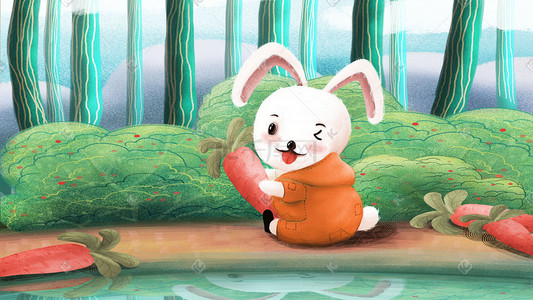 白兔兔子插画图片_夏日夏季夏景森林与兔子