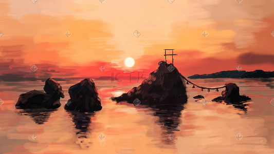 海边落日插画图片_夏日夕阳海边的山