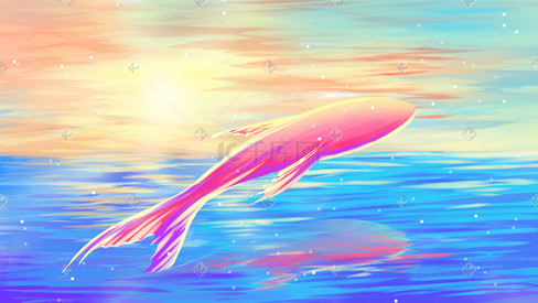 彩色唯美卡通治愈小清鲸鱼天空蓝天云海背景