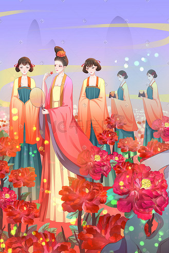 贵妃出浴图片素材_古代贵妃侍女花园赏花