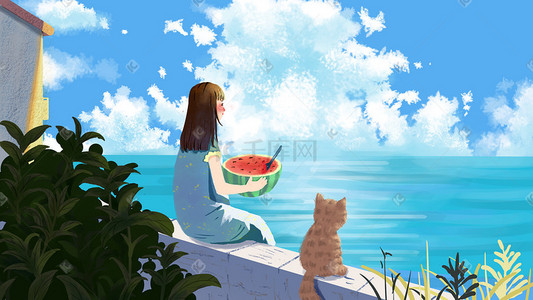 夏日西瓜卡通插画图片_夏天立夏夏日初夏夏至大暑少女风景卡通插画