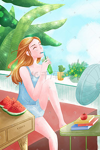 夏天喝冷饮吹风扇的女孩手绘插画