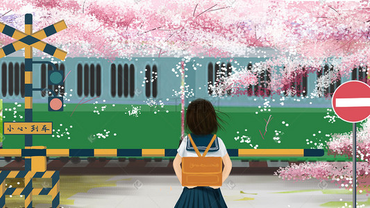 夏景春天日系唯美治愈樱花季与少女火车轨道