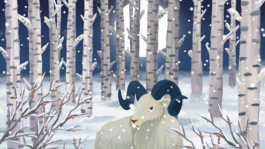 冬季白桦树山羊大雪插画