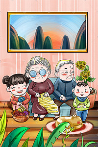团员代表大会背景插画图片_手绘温馨家庭陪伴老人