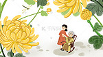 黄色系卡通手绘风重阳节母女配图