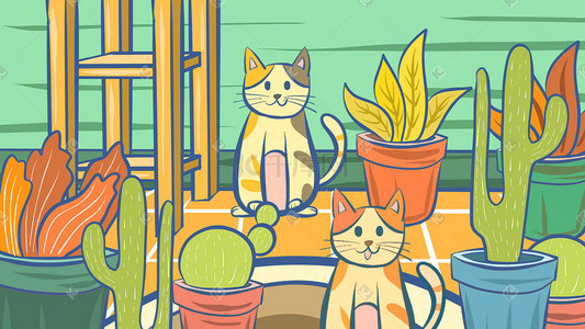 传统节气立夏猫咪小清新绿色植物治愈系插画