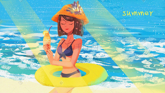 海边沙滩阳光插画图片_立夏夏天海边沙滩清凉阳光少女手绘风格插画