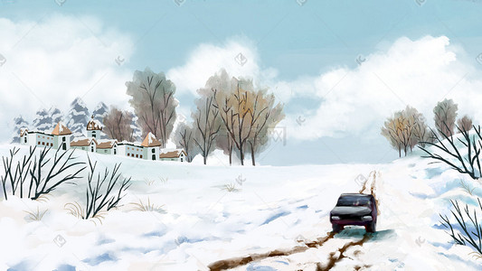 雪地行车雪景远处的小镇和树