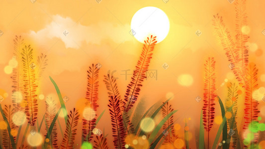 天空和草地插画图片_金色的秋天金色太阳和草地