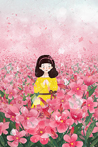 粉色花浪漫插画图片_女孩身在粉色花花海中很浪漫