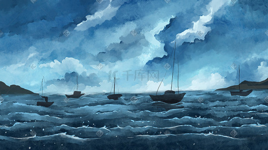 乌云天气插画图片_水彩风景暴风雨前的海边