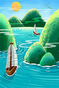 山川河流小船插画图片_蓝色系卡通手绘风小暑河流山川配图