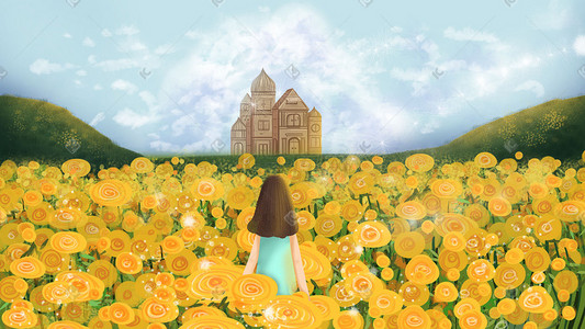 花朵黄色插画图片_花朵花海云朵蓝天
