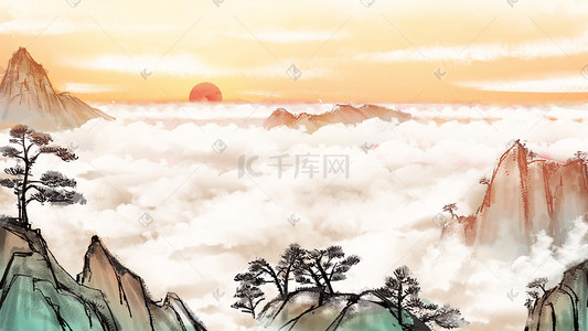 中国风古风水墨山河云朵插画背景