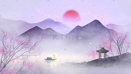 紫色鲜花束插画图片_紫色中国风古风水墨山水晚江渔火背景