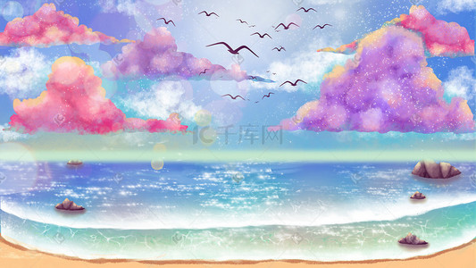 天空海滩插画图片_梦幻唯美治愈系彩色海滩海燕云朵背景