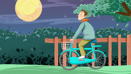 卡通男孩自行车插画图片_蓝色系卡通手绘风夏景小暑自行车出行配图