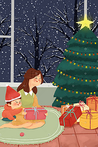圣诞树圣诞帽插画图片_圣诞节平安夜圣诞树下拆礼物场景插画圣诞