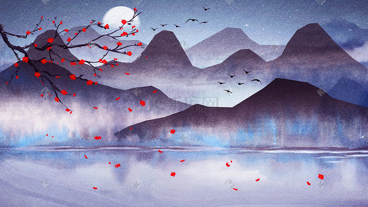 线绘梅花插画图片_水墨山水杨梅花飘落风景景色插画